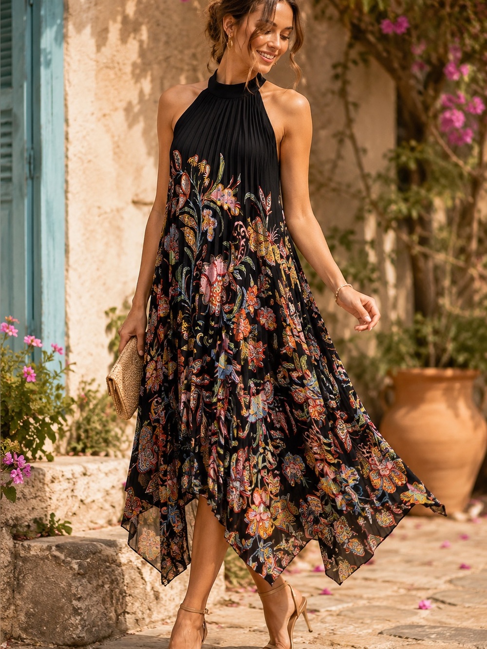 Anthropologie Cecily Pleated Floral Handkerchief Hem Halter Dress XS Boho